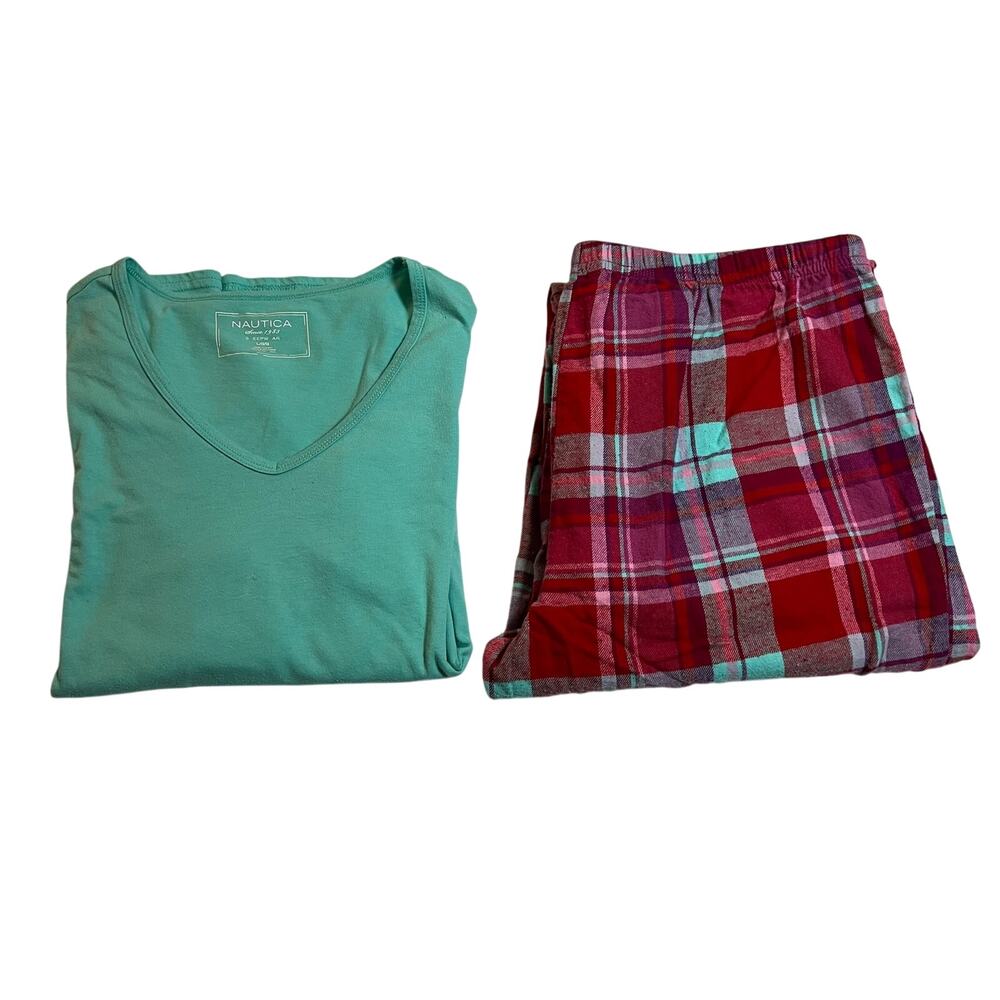 Nautica Pajama Set Size L V-Neck Long Top Sleeve Flannel Plaid Pants Loungewear